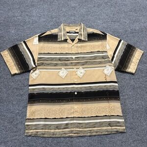 Mench Platinum‎ Mens Button Up Shirt Size 2XL Beige Black Geometric Print Retro